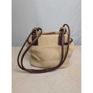 Studio Works Straw Woven Shoulder Bag Brown Leather Trim Hobo Tote Purse